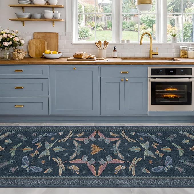 2'6"x10' Dark Blue Kitchen Runner Rug, Washable Non Slip Hallway Rug by HazoHaus