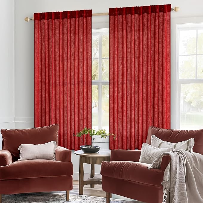 MIULEE Red Linen Short Curtains 52x63 Inch Long 2 Panel - Image 2