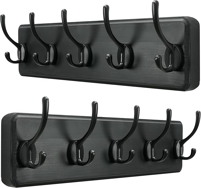 SKOLOO Rustic Wall Mounted Coat Rack, Case of 2, Pine Solid Wood Coat Hook Hanger - 5 Hooks for Hanging Clothes Robes Towels Coats