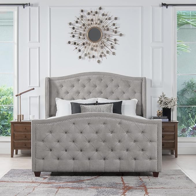 Jennifer Taylor Home Marcella Upholstered Shelter Headboard Bed Set, Queen, Silver Grey Polyester