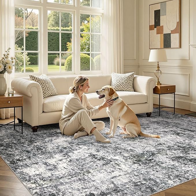 DMOYEST Area Rug Living Room Rugs 8x10 Washable Abstract Grey Carpet | Neutral - Image 5
