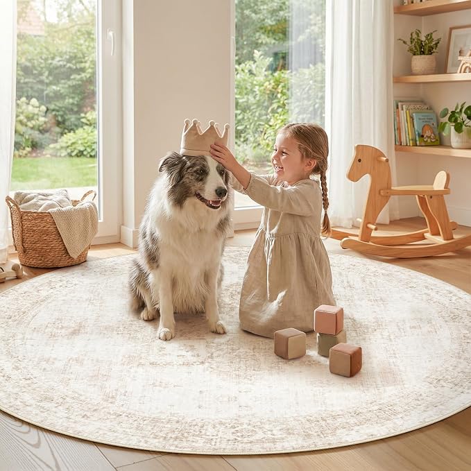 Round Rugs 6ft Washable Rug, Vintage Boho Medallion Rugs Non-Slip Soft Low Pile - Image 2