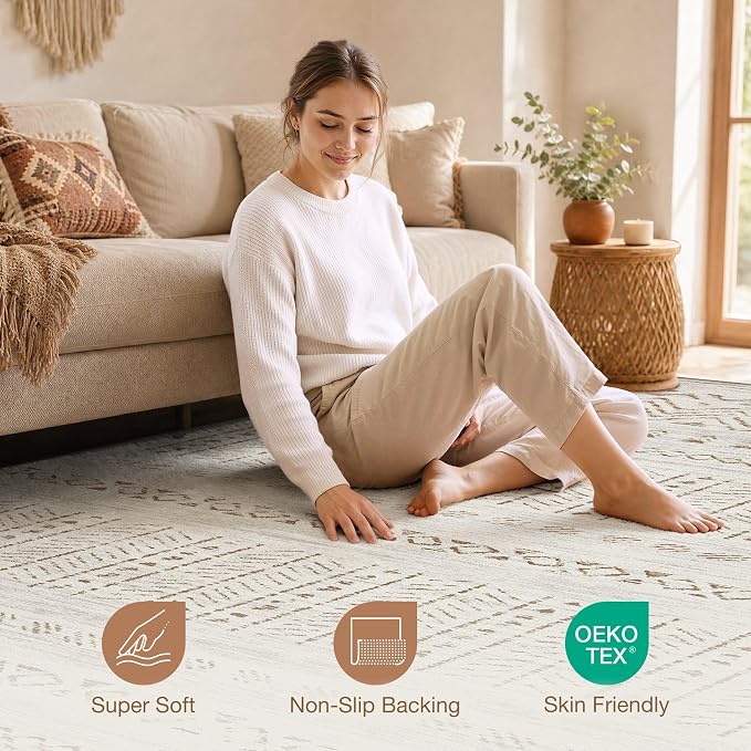 cotiled 10x12 Area Rugs Washable Boho Living Room Rug Brown/Cream | Stain - Image 4
