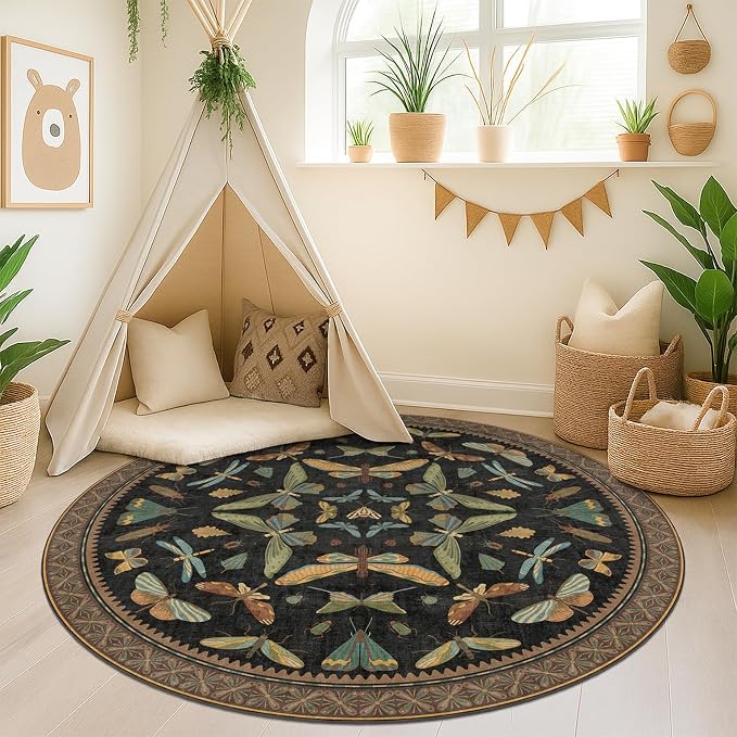 Washable Black 6ft Round Area Rugs - Image 3