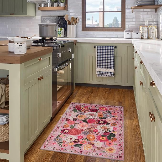Pink Floral Rug for Entryway 2x3 Area Rug for Bedroom Kitchen | Ultra-Thin; - Image 2