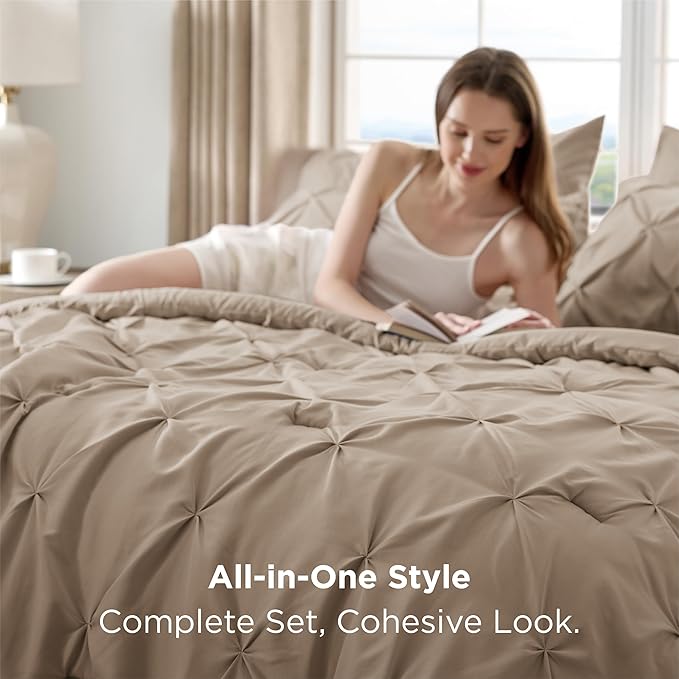 Bedsure Full Size Comforter Sets - Bedding Sets Full 7 Pieces, Pintuck Bed in a Bag Khaki Bed Set with Comforter, Sheets, Pillowcases & Shams
