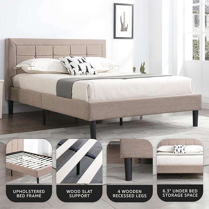 Decoro Mornington Upholstered 2.0 Platform Bed, Button-Tufted Fabric Headboard and Metal Frame with Wood Slat Support, Linen, Full