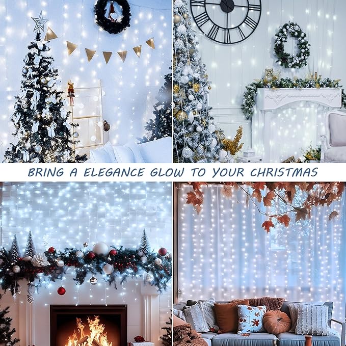 HEYFUNi 304 LED Curtain Lights Outdoor, 9.8Ft*9.8Ft Hanging String Lights Plug in with 8 Modes, Connectable Curtain Fairy Lights for Bedroom, Dorm, Christmas, Wall, Backdrop, Wedding Decor, White