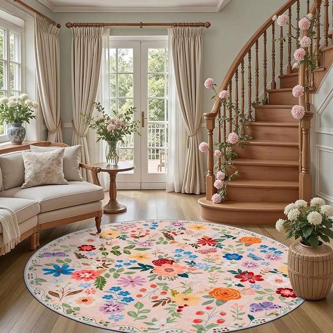 PLHXFR Round Area Rug Living Room: 6 ft Floral Washable Soft Carpet Beige | - Image 2