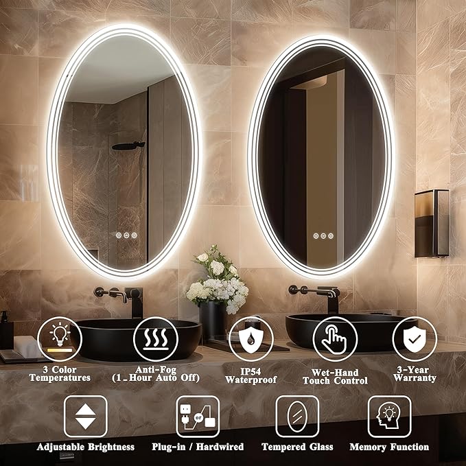 20''x28'' Oval Lighted Mirrors for Bathroom Wall Backlit + Front Lit, Oval LED Bathroom Mirror Frameless with Lights Anti Fog, Dimmable, 3 Colors,Tempered Glass, Shatter-Proof