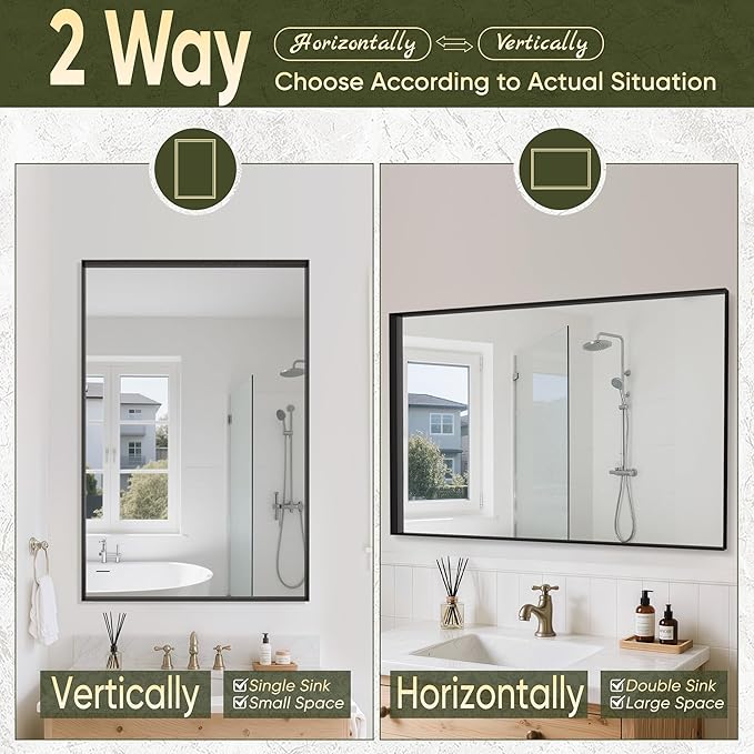 Suidia Bathroom Mirror, 30" x 30" Rectangular Wall Mirror, Metal Framed Wall Decor Wall-Mounted Mirrors for Bathroom, Bedroom, Living Room, Entryway, Black