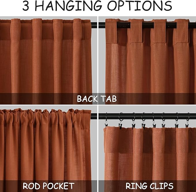 Extra Long Linen Curtains 108 Inches Long 2 Panel Set Back Tab Terracotta Boho - Image 2