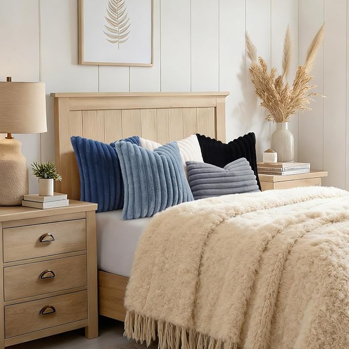 decorUhome Fall Faux Fur Throw Pillow Covers 22x22 Set of 2 Grey Blue | - Image 8