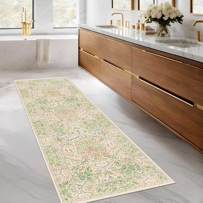 Non Slip Beige Green Bathroom Runner Rug - Image 8