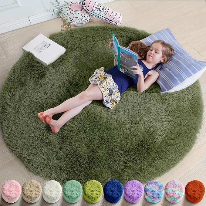 Amdrebio Olive Green Round Shag Area Rug 4Ft by Amdrebio