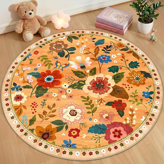 RELEANY Floral Washable Round 4ft Area Rug Yellow/Orange/Red | Flower Carpet by RELEANY