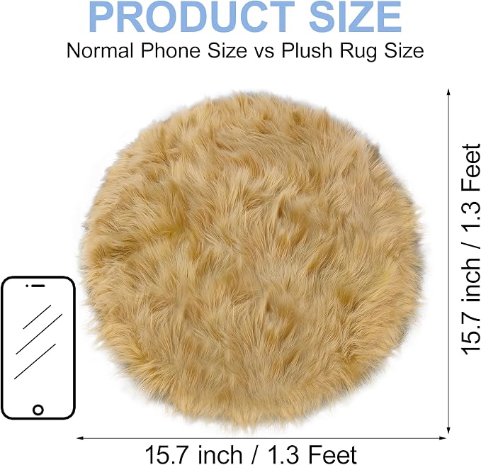 15.7 Inches Mini Khaki Round Faux Fur Sheepskin Area Rug, Fluffy Small Circle - Image 2
