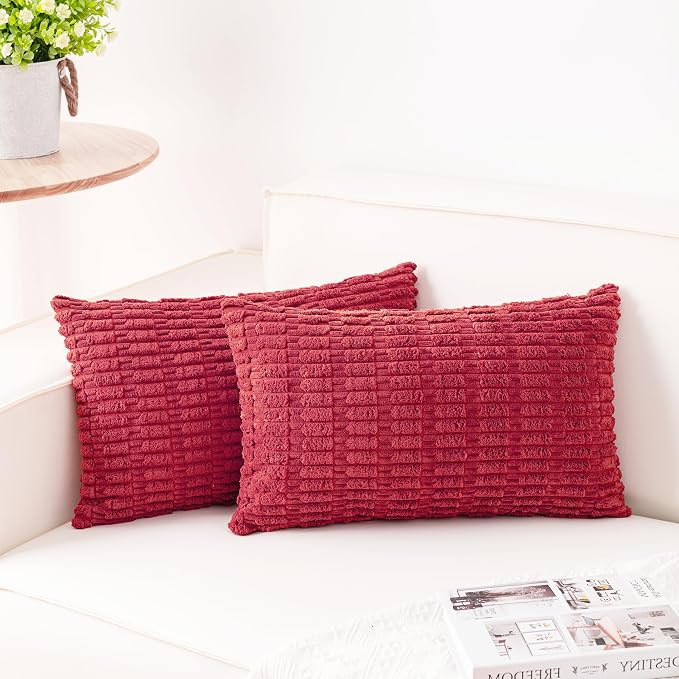 Pack of 2 Corduroy Decorative Throw Pillow Covers 12x24 Inch, Cranberry Red | by Unknown