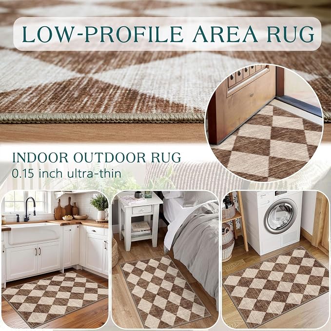 Front Door Rug - 2x3 Brown Beige Checkered Diamond Entry Rug | Non-Slip - Image 6