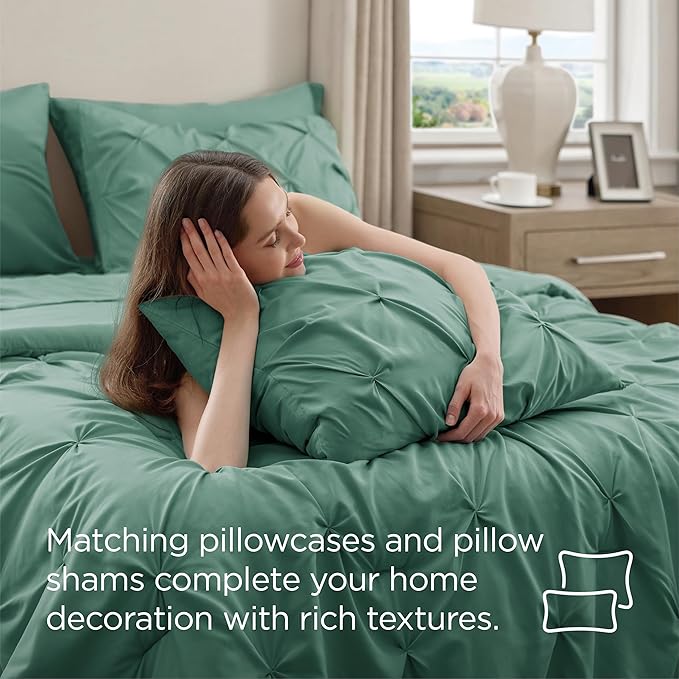 Bedsure Full Size Comforter Sets - Bedding Sets Full 7 Pieces, Pintuck Bed in a Bag Graysih Green Bed Set with Comforter, Sheets, Pillowcases & Shams