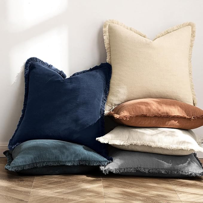 MIULEE Linen Fringe Decorative Euro Throw Pillow Covers Dark Navy 22x22 | Set - Image 4