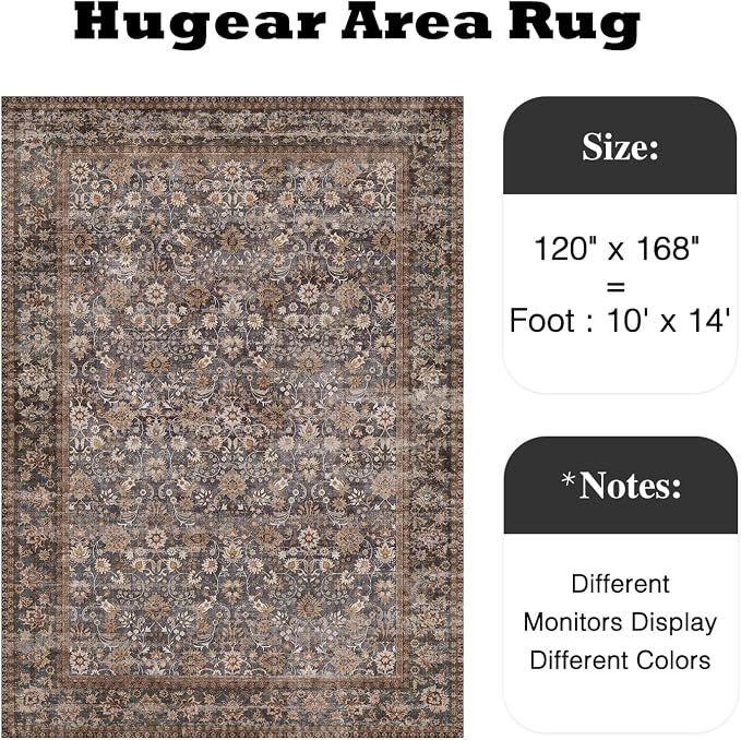 10x14 Brown Blue Vintage Floral Washable Area Rug - Image 2