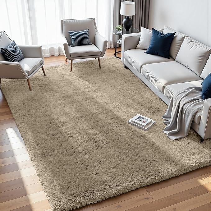 8x10 Fluffy Shag Area Rugs for Living Room Bedroom: Soft Carpet Gray Camel | - Image 4