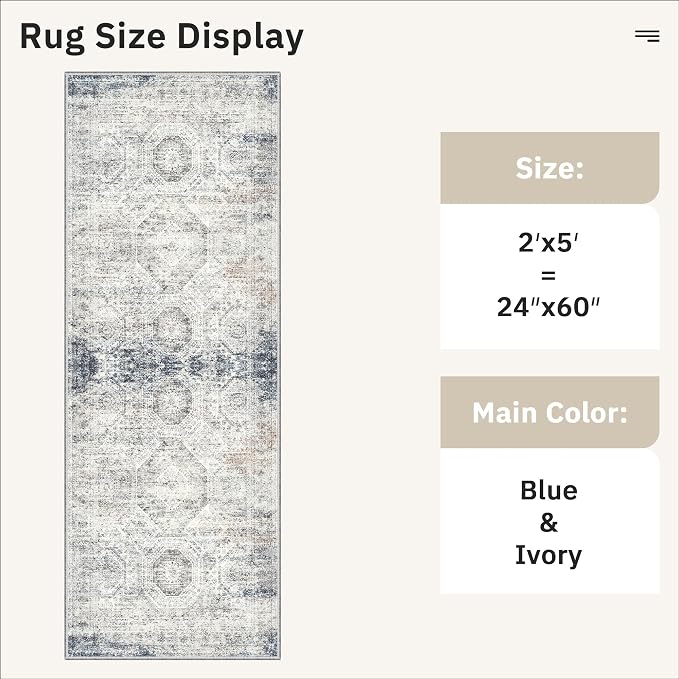 Soalmost Runner Rug 2x5 Washable Non-Slip Kitchen Entry Runners Blue/Ivory | - Image 5