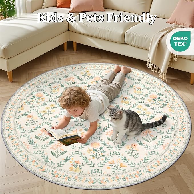 PLHXFR Round Area Rug Living Room: 4 ft Floral Washable Carpet Beige Multi | - Image 8