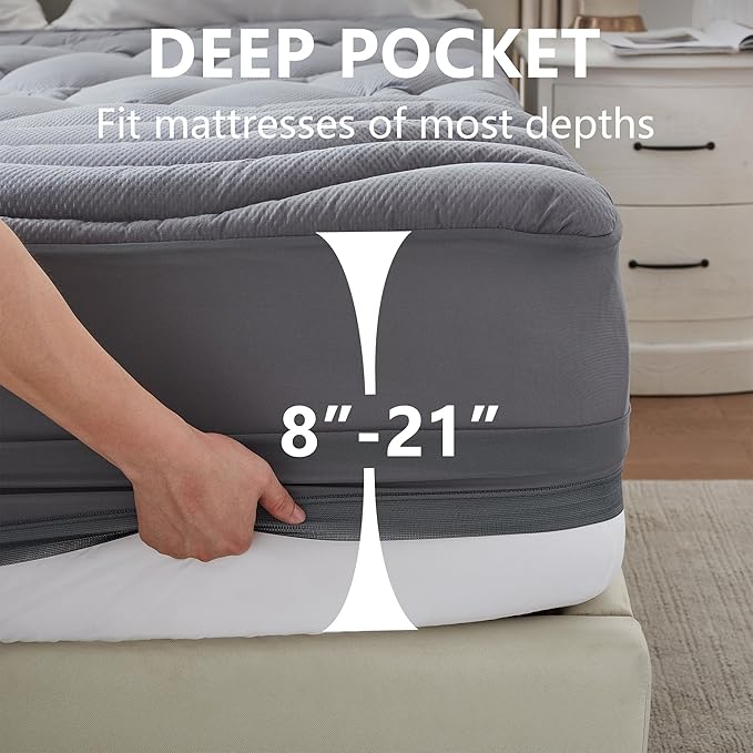 Twin Size Mattress Pad Waterproof, Pillow Top Cooling Twin Mattress Topper for Single Bed, Pee Proof Mattress Protector Cover Quilted Fitted with 8-21" Deep Pocket (39x75 inch, Grey)
