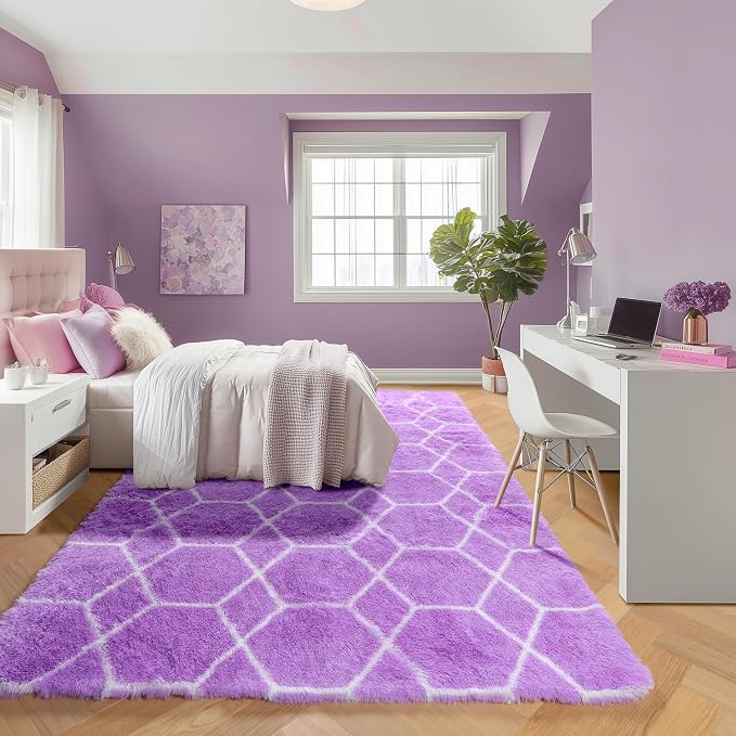 5x7 Area Rugs for Living Room Bedroom, Fluffy Purple and White Trellis Rug | - Image 7