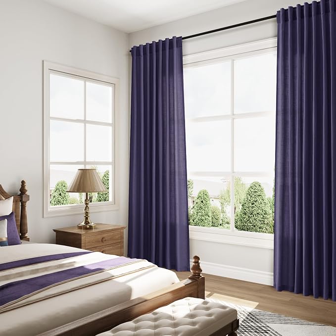 Purple Linen Blend Light Filtering Back Tab Curtains 102 Inches Long, Semi - Image 8