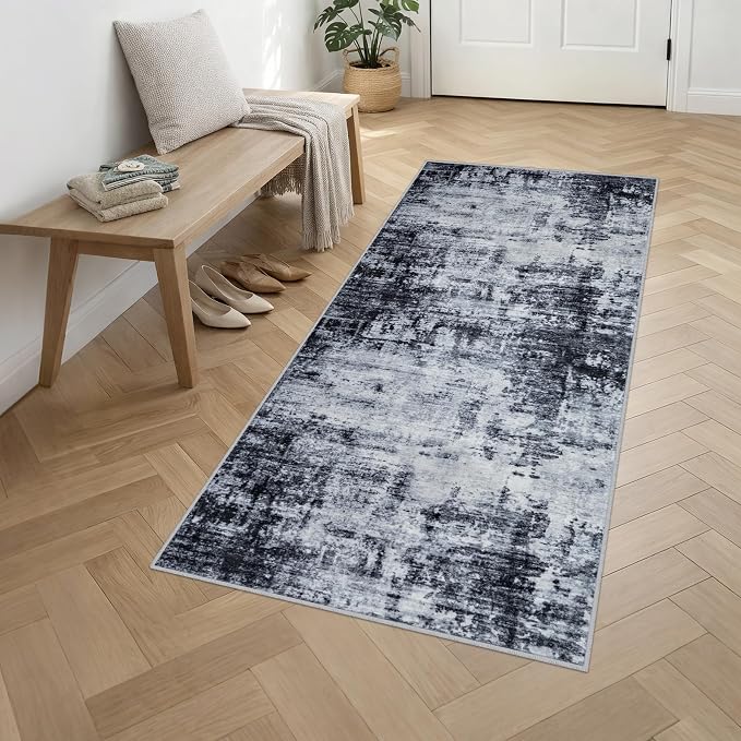 3x8 Washable Runner Rug：Modern Abstract Soft Carpet Dark Black | - Image 3