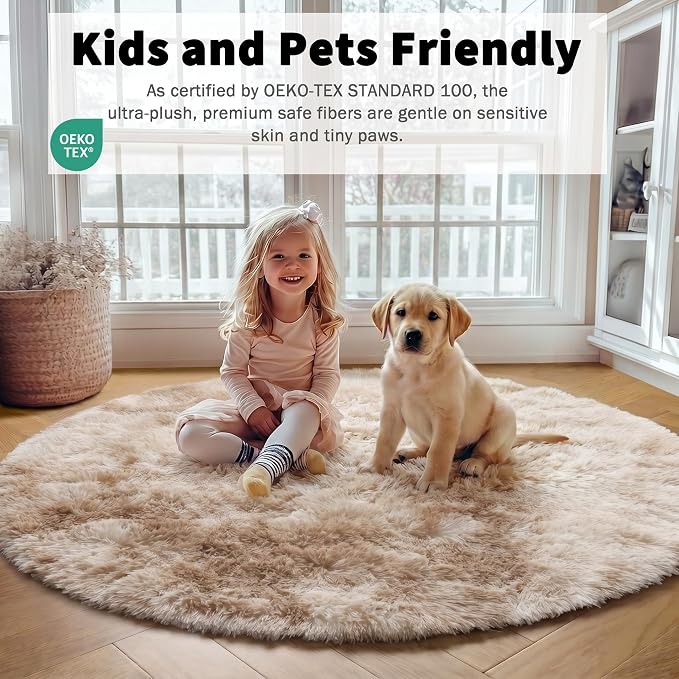 Tie-Dye Beige Round Area Rugs 5ft, Soft Bedroom Circle Rug Floor Mats - Image 4