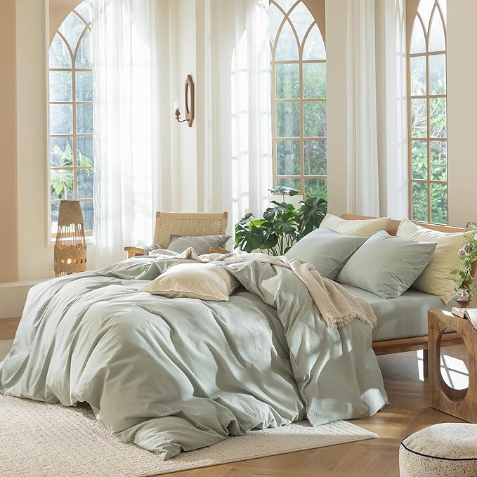 MooMee Bedding Duvet Cover Set 100% Washed Cotton Linen Like Textured Breathable Durable Soft Comfy (Heathered Sage Green, Super King 108"x98")