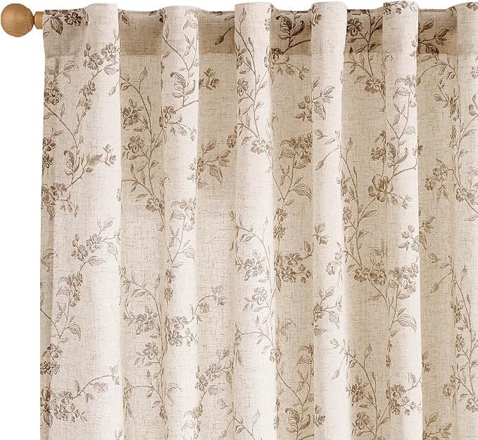 Taupe Vintage Floral Linen Curtains Farmhouse 50W X 63L 2 Panels | Elisa Series by Lazzzy