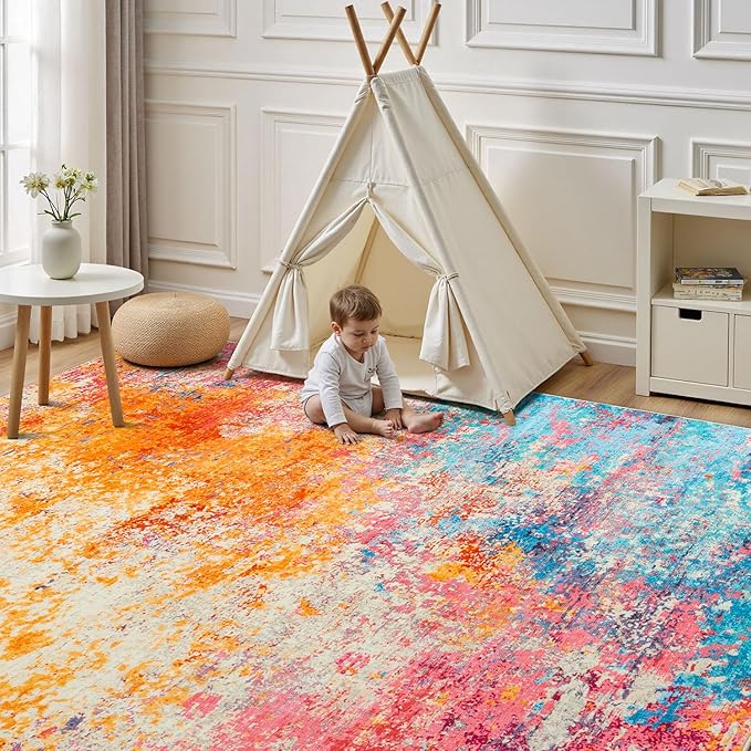 Rugflix 9x12 Area Rugs for Living Room, Washable Colorful Rainbow Large Rug | - Image 8