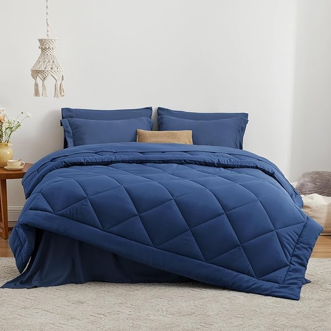 Love's cabin Twin Comforter Set Dark Blue, 5 Pieces Twin Bed in a Bag, All Season Bedding Sets with 1 Comforter, 1 Flat Sheet, 1 Fitted Sheet, 1 Pillowcase and 1 Pillow Sham