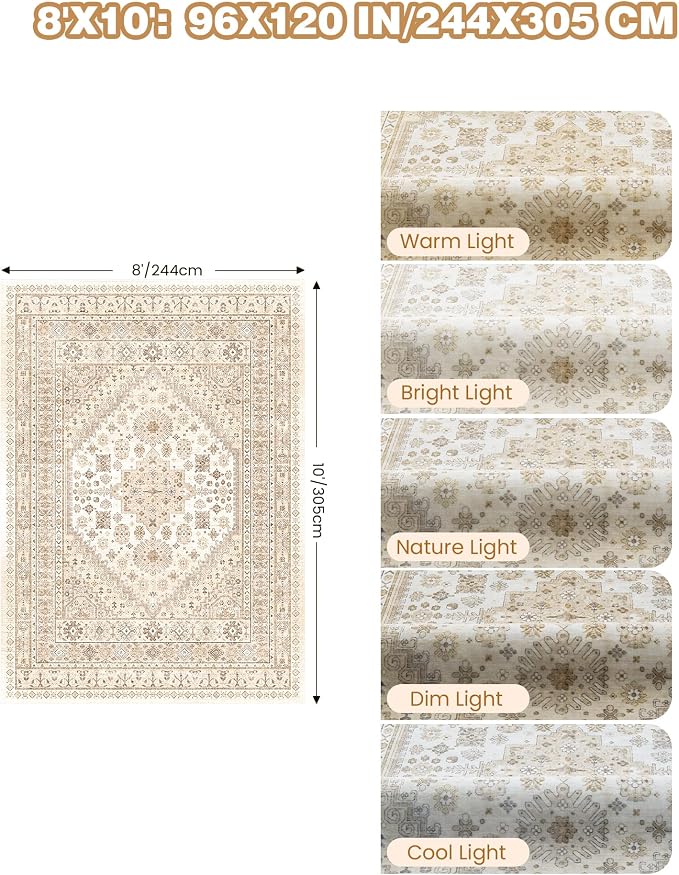 Washable Rugs 8x10 Area Rugs for Living Room, Cream/Beige | Non-Slip Backing - Image 2
