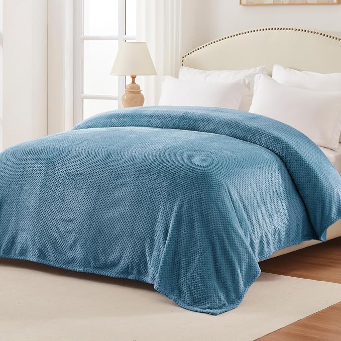 Exclusivo Mezcla Soft Waffle Fleece Bed Blanket Queen Size, Slate Blue | - Image 4