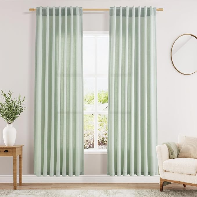 Aqua Green Linen Curtains 52x72 Inch 2 Panels | Semi Sheer Light Filtering by Nanspring