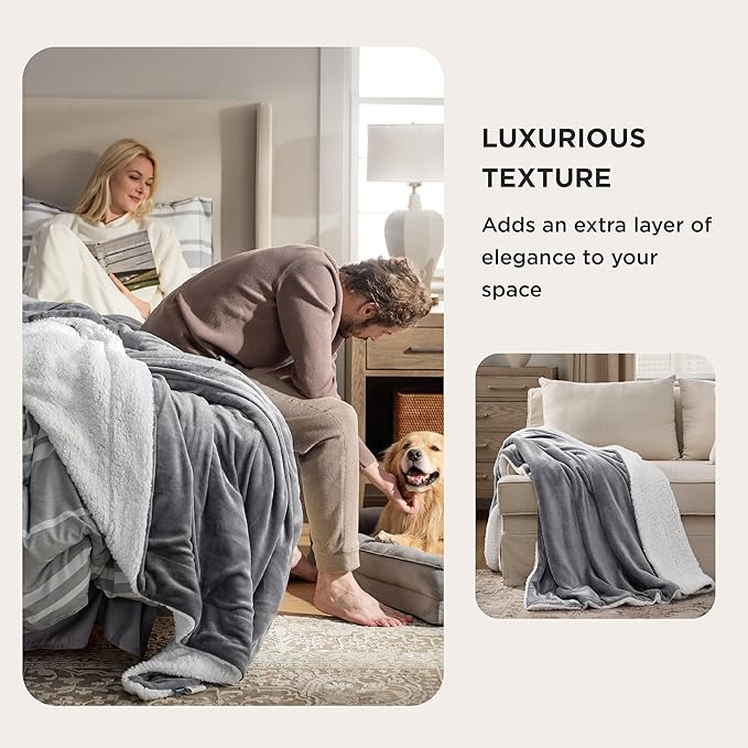 Bedsure GentleSoft Sherpa Fleece Throw Blanket for Couch - Thick and Warm Christmas Blanket for Winter, Soft Fuzzy Plush Throw Gift for Women and Men, Grey, 50x60 Inches