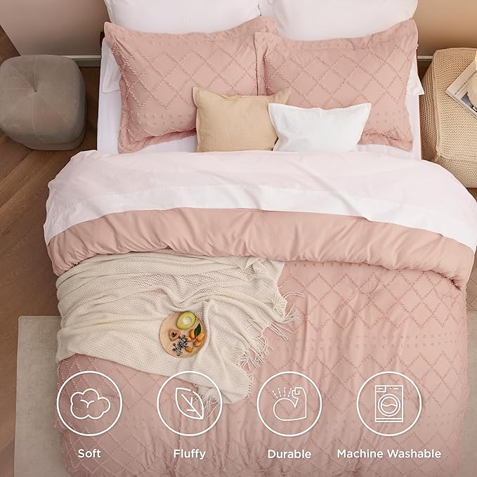 Bedsure King Comforter Set - Coral Pink Comforter, Boho Tufted Shabby Chic Bedding for Kids, 3 Pieces Vintage Farmhouse Bed Set for All Seasons, Fluffy Soft Bedding with 2 Pillow Shams