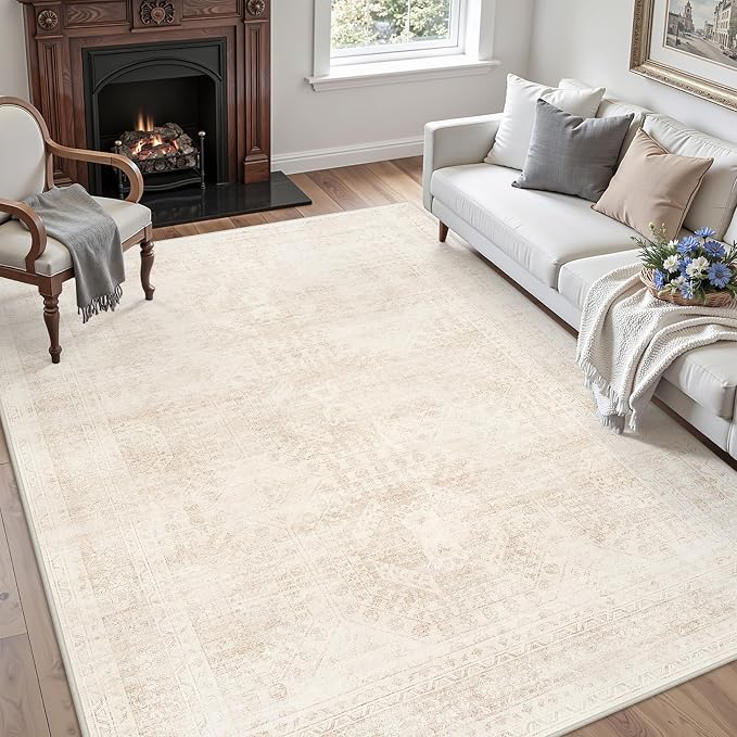 5x7 Area Rugs Living Room: Bedroom Neutral Washable Carpet Beige | Large - Image 3