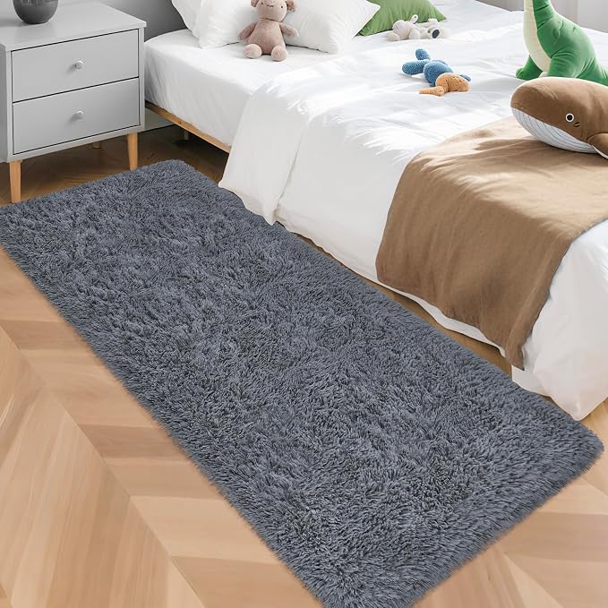 Grey Runner Rug for Bedroom Black Grey 2x5ft Fluffy Area Rug Bedside Runner Rug by JiaoBaba