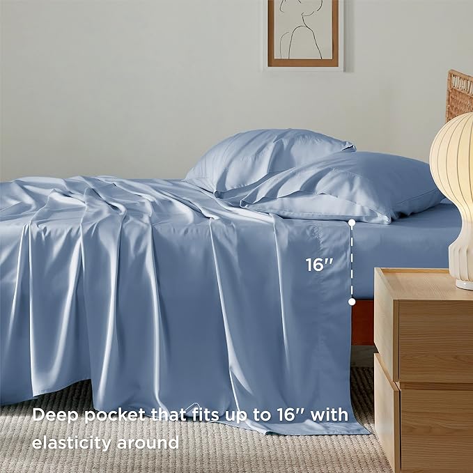 Bedsure Cooling Sheets Twin, Rayon Derived from Bamboo, Breathable & Soft Twin Sheets Set, Deep Pocket Up to 16 Inches, Hotel Luxury Silky Bedding for Hot Sleepers, Dusty Blue