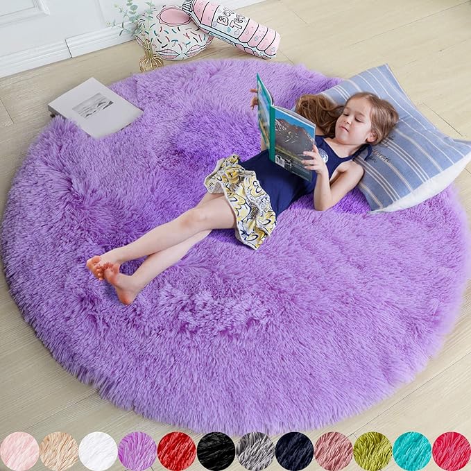 Amdrebio Purple Fluffy Round Kids Area Rug 5Ft by Amdrebio