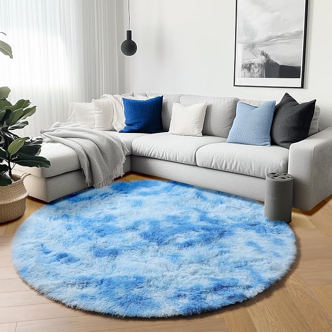 Round Rugs 5ft for Bedroom Living Room, Tie-Dye Blue Fluffy Circle Area Rug for by ONASAR