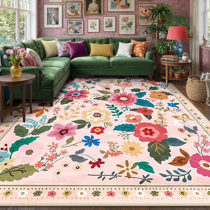 RELEANY Floral Washable 9x12 Area Rugs Pink | Flower Carpet Print Boho Cute Non by RELEANY