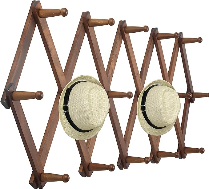 WEBI Accordion Wall Hanger, Wooden Coat Rack Wall Mounted, Hat & Cap Hook Rack, 16 Peg Hooks, Walnut Color